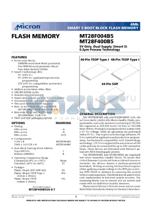 MT28F400B5WG-6B datasheet - 256K x 16; 5V only, dual supply, smart 5 boot block flash memory