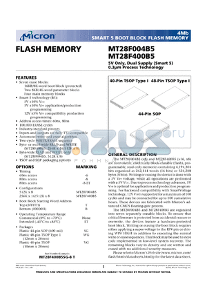 MT28F400B5SG-6T datasheet - 256K x 16; 5V only, dual supply, smart 5 boot block flash memory