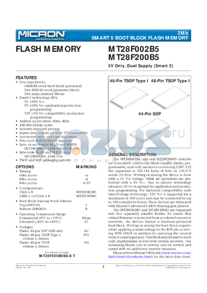 MT28F200B5SG-6B datasheet - 256K x 8; 5V only, dual supply, smart 5 boot block flash memory