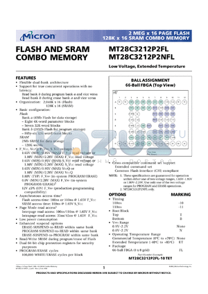 MT28C3212P2NFL-10TET datasheet - 0.9-2.2V low voltage, extended temperature SRAM COMBO memory