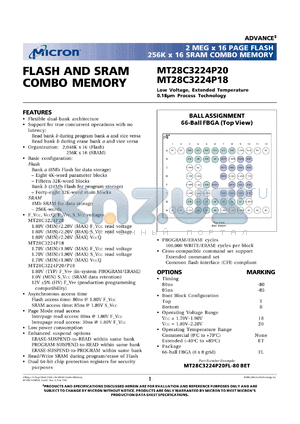 MT28C3224P20FL-85TET datasheet - Low voltage, extended temperature flash and SRAM COMBO memory