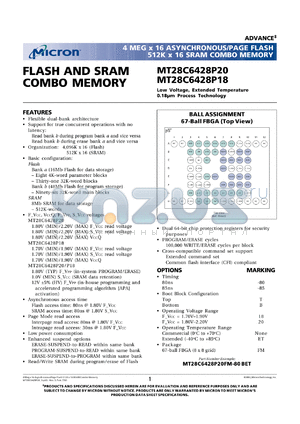 MT28C6428P18FM-85TET datasheet - Low voltage, extended temperature flash and SRAM COMBO memory