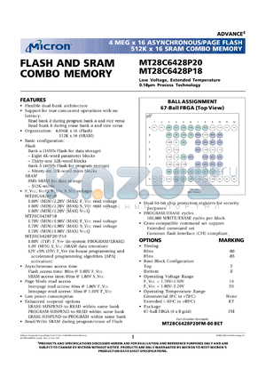 MT28C6428P20FM-85T datasheet - Low voltage, extended temperature flash and SRAM COMBO memory