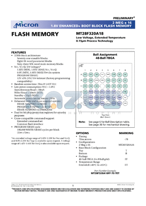 MT28F320A18FF-70TET datasheet - 2Meg x 16;  low voltage, extended temperature flash memory