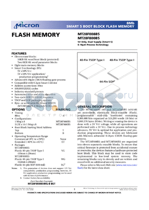 MT28F008B5VG-8T datasheet - 1Meg x 8; 5V only, dula supply, smart 5 boot block flash memory