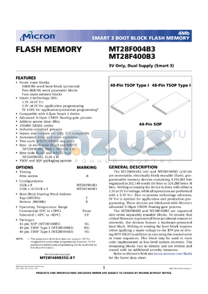 MT28F400B3SG-8TET datasheet - 512K x 8; 3V only, dula supply, smart 3 boot block flash memory