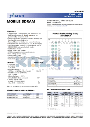 MT48V16M16LFFG-10 datasheet - 16Meg x 16 x 4 banks; 2.5V mobile SDRAM