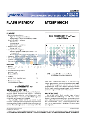 MT28F160C34FD-9TET datasheet - 1Meg x 16; 3V enhanced + boot bolck flash memory