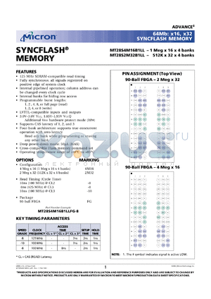 MT28S2M32B1LLFG-10 datasheet - 512K x 32 x 4banks, 100MHz syncflash memory