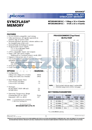 MT28S2M32B1LCFG-75 datasheet - 512K x 32 x 4banks, 133MHz syncflash memory