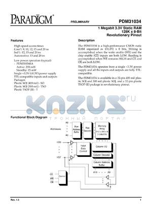 PDM31034SA10SOITR datasheet - 1 megabit 3.3V static RAM 128K x 8-bit revolutionary pinout