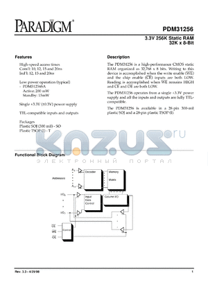 PDM31256SA10SOITR datasheet - 3.3V 256K static RAM 32K x 8-bit