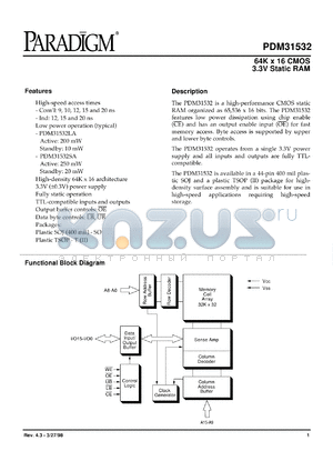 PDM31532SA9SO datasheet - 64K x 16 CMOS 3.3V static RAM