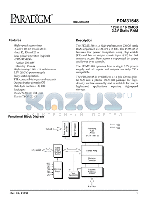 PDM31548SA12TI datasheet - 128K x 16 CMOS 3.3V static RAM