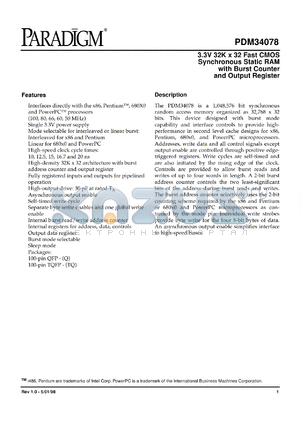 PDM34078SA12TQTR datasheet - 3.3V 32K x 32 fast CMOS synchronous static RAM with burst counter and output register