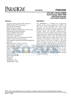 PDM34088SA8Q datasheet - 3.3V 64K x 32 fast CMOS synchronous static RAM with burst counter and output register