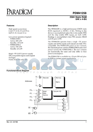 PDM41258SA8SOA datasheet - 256K static RAM 64K x 4-bit