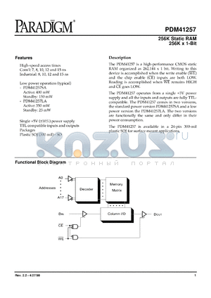 PDM41257SA15SOTY datasheet - 256K static RAM 256K x 1-bit