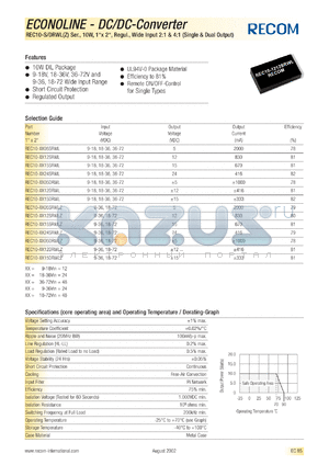 REC10-1005SRWL datasheet - 10W DC/DC converter with 10V input, 5/2000mA output