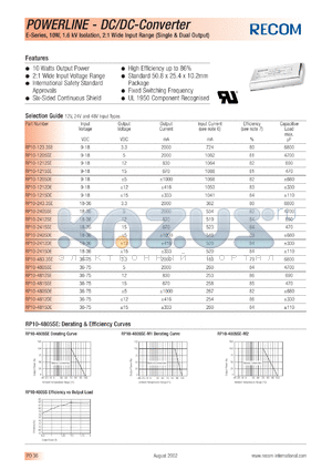 RP10-4812E datasheet - 10W DC/DC converter with 36-75V input, +-12V/+-416mA output