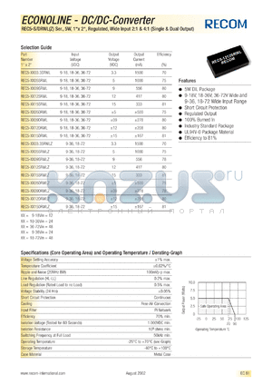 REC5-223.3SRWL datasheet - 5W DC/DC converter with 22V input, 3.3V/1500mA output