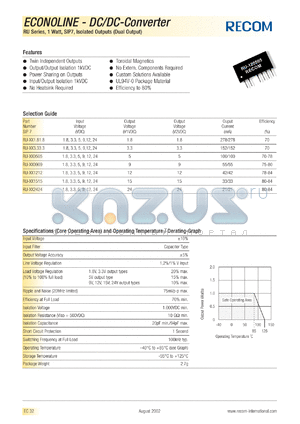 RU-1.812 datasheet - 1W DC/DC converter with 1.8V input, 12V/42mA output