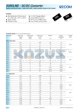 R05G05 datasheet - 1W DC/DC converter with 5V input, +-5V/+-100mA output