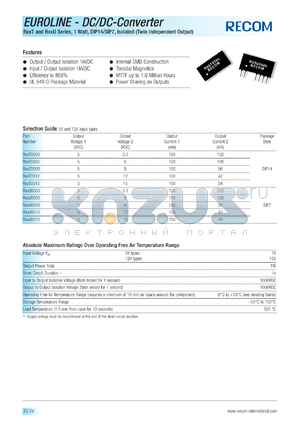 R12U0503 datasheet - 1W DC/DC converter with 12V input, 5/3.3V/100mA output