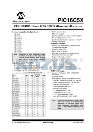 PIC16C54C-20/SO datasheet - Bits number of 8 Memory configuration 512x12 Memory type OTP Frequency clock 20 MHz Memory size 512 bit 8-bit CMOS MCU, 512b OTP PROM, 25b RAM, 12 I/O lines - 20MHz