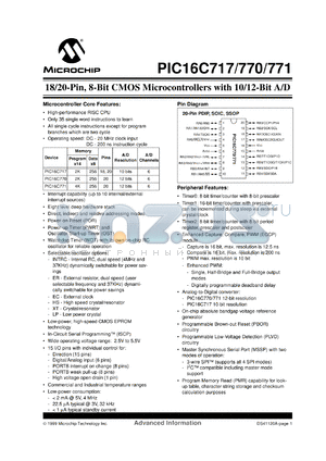 PIC16C717/P datasheet - Bits number of 8 Memory type OTP PROM Microprocessor/controller features 2 Kbytes OTP PROM Frequency clock 20 MHz Memory size 2 Kb 8-bit CMOS EPROM MCU with ADC, 2K OTP PROM, 256 bytes RAM -