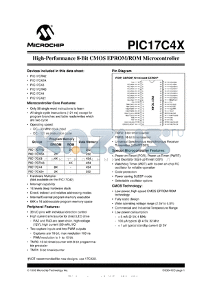 PIC17C43/JW datasheet - Bits number of 8 Memory configuration 4096x16 Memory type EPROM Microprocessor/controller features 2 PWM, Watchdog , 2 Captures , USART Frequency clock 33 MHz Memory size 4 Kb