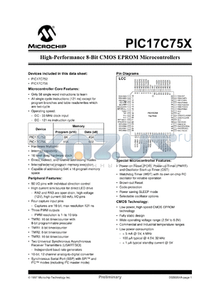 PIC17C756-16/P datasheet - Bits number of 8 Memory configuration 16384x16 Memory type OTP Frequency clock 16 MHz Memory size 16 Kb 8-bit CMOS EPROM MCU, (High Performance), 16K OTP PROM ? 16MHz