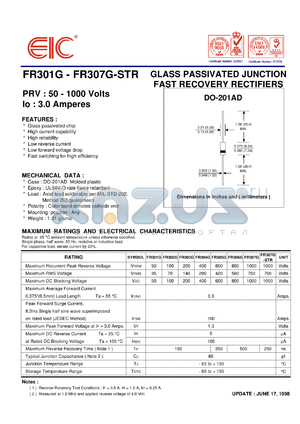 FR307G-STR datasheet - 1000 V, 3 A, glass passivated junction fast recovery rectifier