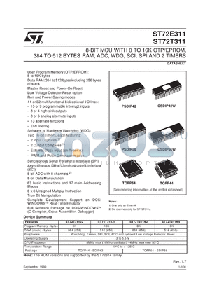 ST72E311J4D0S datasheet - Bits number of 8 Memory type EPROM Microprocessor/controller features POR/Direct LED/Triac drive/AD Converters/PWM/Watchdog/LVD/SPI/SCI Frequency clock 16 MHz Memor