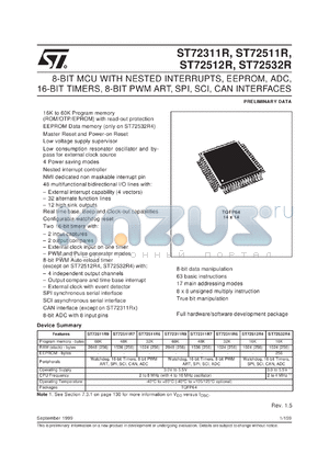 ST72E511R9G0S datasheet - Bits number of 8 Memory type EPROM Microprocessor/controller features CAN 2.0B Controller/LVD/SPI/SCI/CAN Frequency clock 16 MHz Memory size 64 K-bit