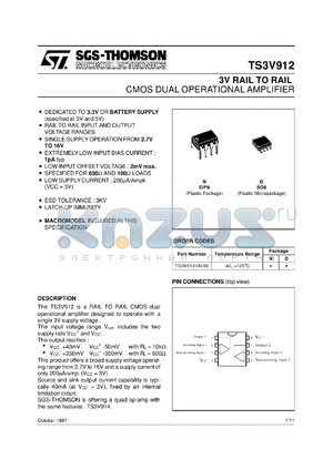 TS3V912IN datasheet - Operational amplifier features CMOS Dual, Rail-to-Rail I/O, CMOS, 3V Operational Amp. (IND TEMP)