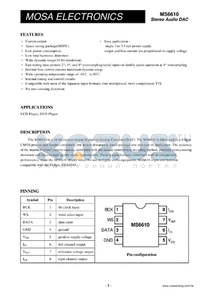 MS6610BS datasheet - Stereo Audio DAC for VCD player, DVD player applications