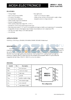 MS6311AS datasheet - Stereo Audio DAC for VCD player, DVD player applications