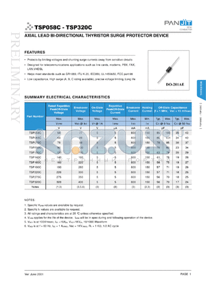 TSP065C datasheet - Axial lead bi-directional thyristor surge protector device. Rated repetitive peakoff-state voltage 65V. Breakover voltage 88V. On-state voltage 5V. Repetitive peakoff-state current 5uA  Breakover current 800mA.