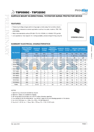 TSP075C datasheet - Surfase mount bi-directional thyristor surge protector device. Rated repetitive peakoff-state voltage 75V. Breakover voltage 98V. On-state voltage 5V. Repetitive peakoff-state current 5uA  Breakover current 800mA.