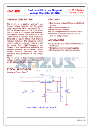 L1581T datasheet - Dual input ultra low dropout voltage regulator (ULDO)
