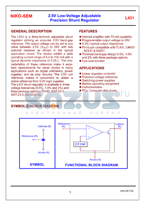 L431M5B datasheet - 2.5V low-voltage adjustable precision shunt regulator, tolerance 1%