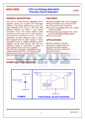 L431NB datasheet - 2.5V low-voltage adjustable precision shunt regulator, tolerance 1%