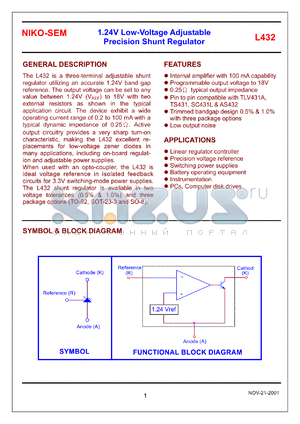 L432VA datasheet - 1.24V low-voltage adjustable precision shunt regulator, tolerance 0.5%