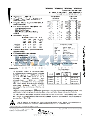 TMS44400DGA-60 datasheet - 1048576-word by 4-bit dynamic random-access memories, 60 ns, 5V