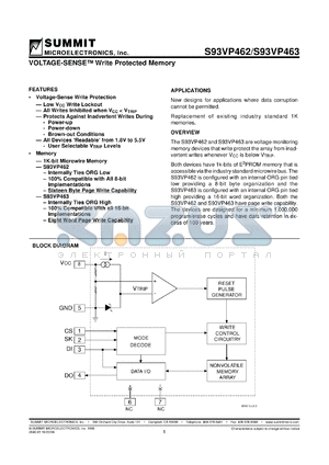 S93VP463S-B datasheet - 1K-bit microwire memory, 16-bit configuration, operating voltage range= 4.5V to 5.5V