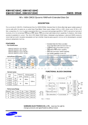 KM416V1004CT-45 datasheet - 1M x 16Bit CMOS dynamic RAM with extended data out, 45ns, VCC=3.3V, refresh period=64ms