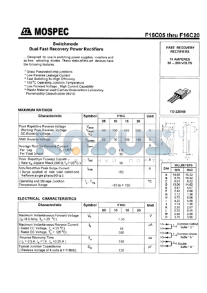 F16C10C datasheet - Switchmode dual fast recovery power rectifier, 100V, 16A, 150ns
