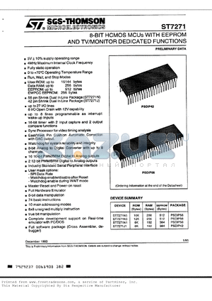 ST7271J1B1 datasheet - 8-bit HCMOS MCU with EEPROM and TV/monitors dedicated functions, ROM=8K, RAM=192, EEPROM=384