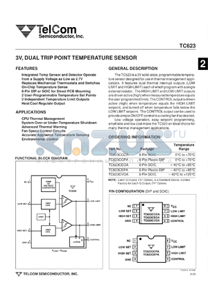 TC623HEPA datasheet - 3V, dual trip point temperature sensor. Voltage operation 2.7V to 4.5V
